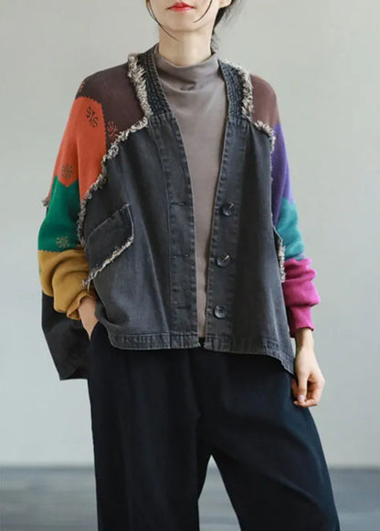 Unique Blue Denim Patchwork Knit Pockets Button Fall Coat Long Sleeve