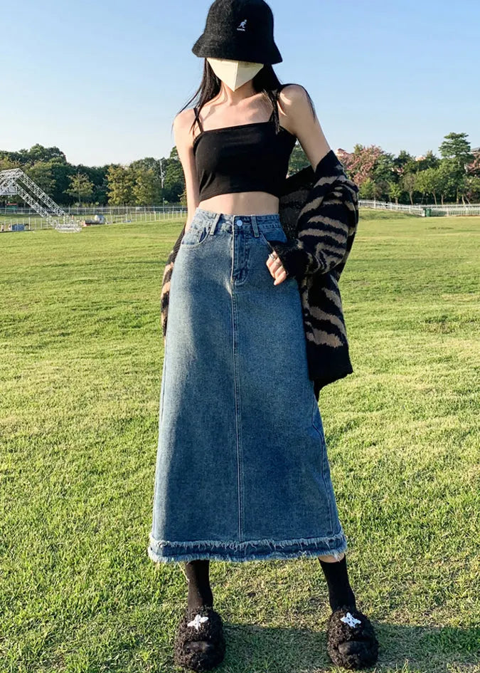 Italian Blue Pockets Tasseled High Waist Denim Skirts Summer