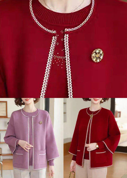Red O-neck Cotton Knit Coats and Sweater Two Pieces Set Three Quarter Sleeve