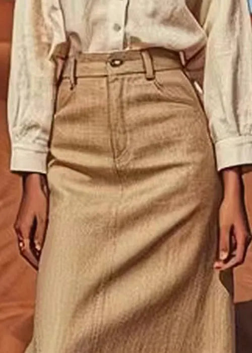 Khaki High Waist Linen a Line Skirts Summer