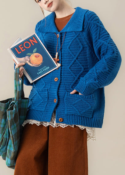 Art Blue Peter Pan Collar Pockets Cable Knit Loose Coat Winter