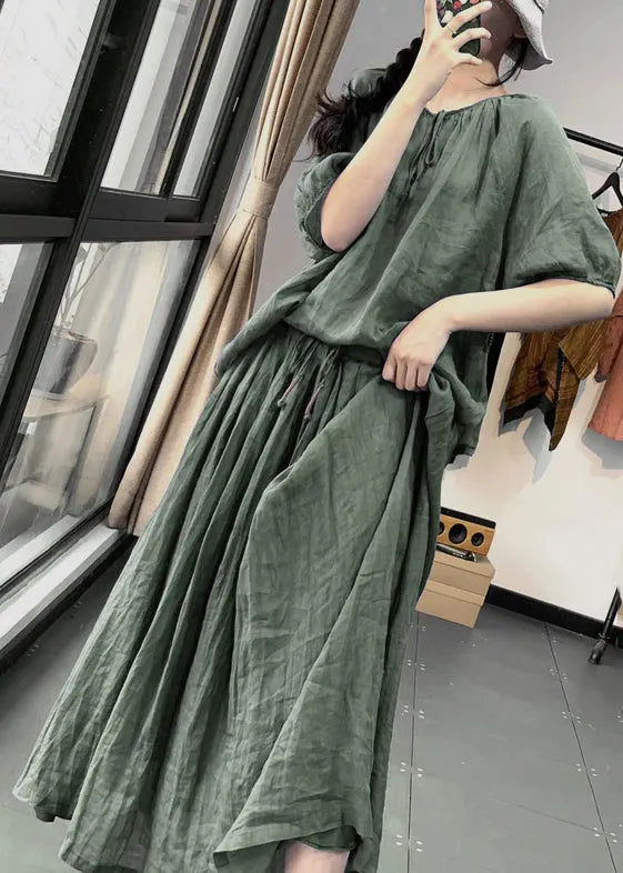 Green O-neck Top and a Line Skirts Two Pieces Set Summer