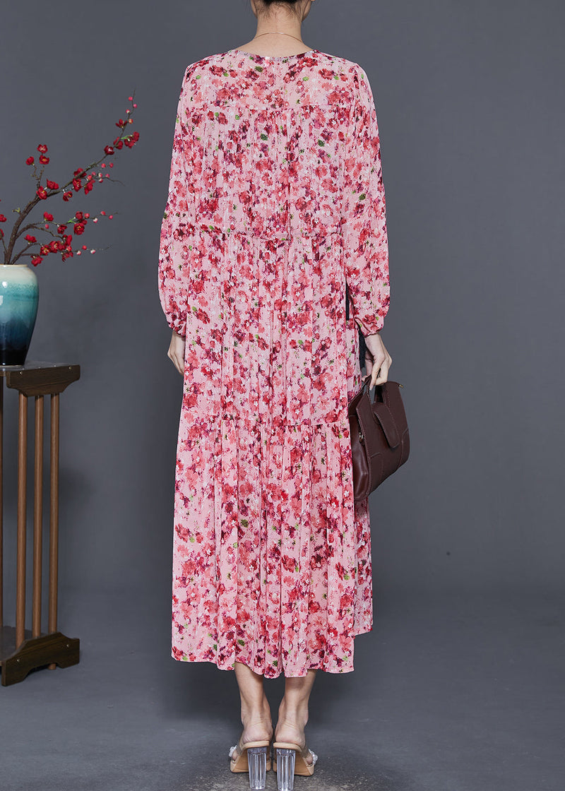 Pink Cinched Print Chiffon Holiday Dress Spring