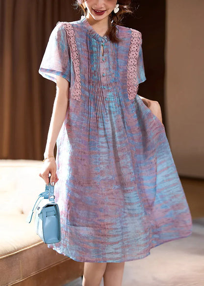 Pink Ruffled Print Chiffon Long Dress Short Sleeve