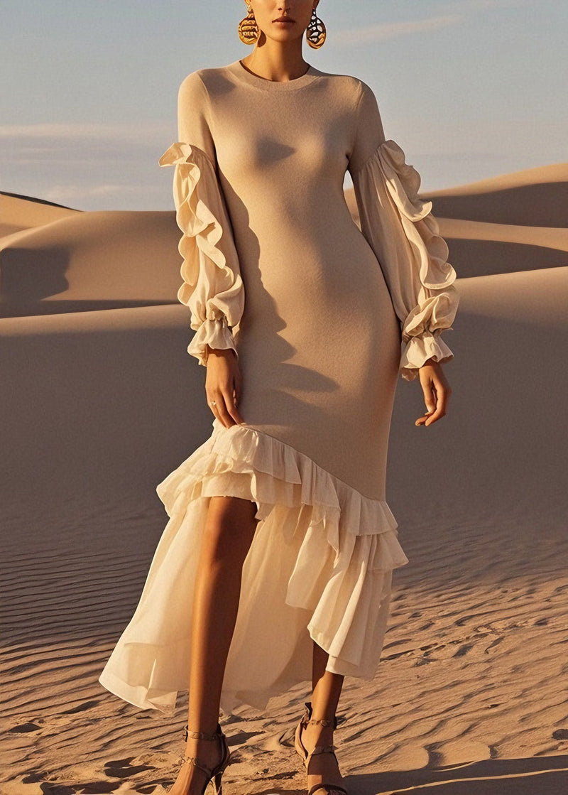 French Ruffled Patchwork Asymmetrical Design Knit Sweater Dress Spring