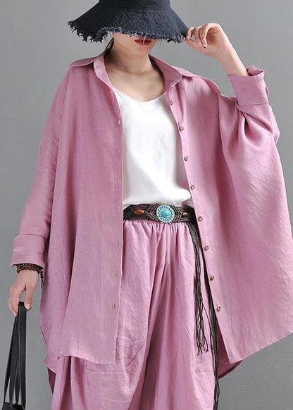 Fitted Pink Purple Side Open Cotton Linen Summer Blouse Top