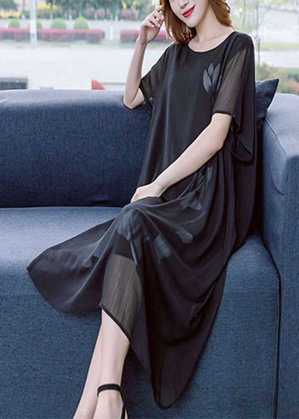 Modern Black O-neck Print Draping Chiffon Dresses Short Sleeve