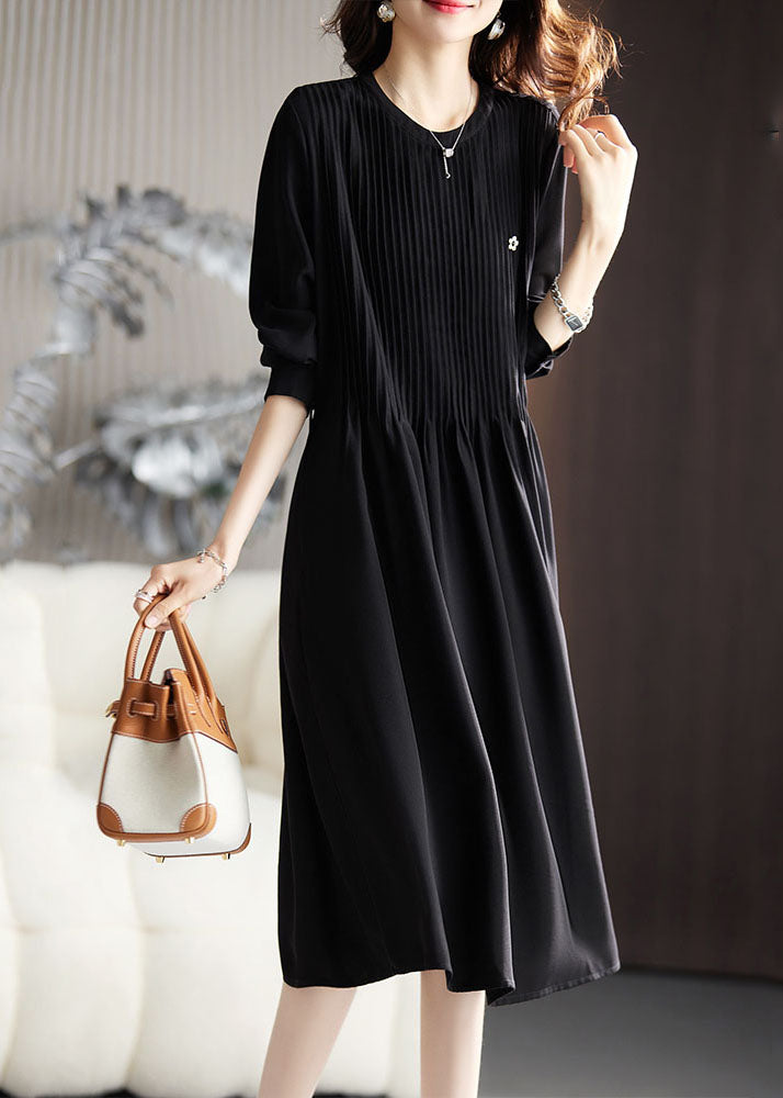 Simple Caramel O-neck Wrinkled Maxi Dresses Long Sleeve