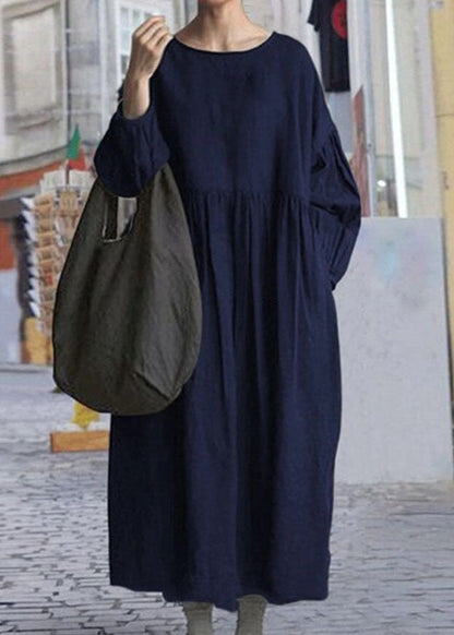 Black O Neck Wrinkled Patchwork Cotton Dress Spring