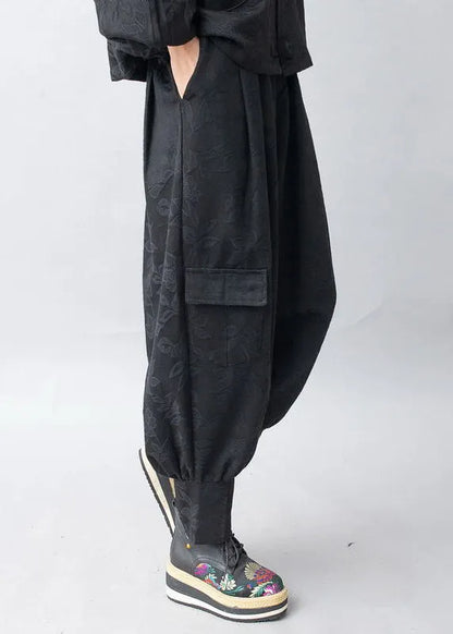 Jacquard Black Hooded Coats and Pants Two Pieces Set Fall