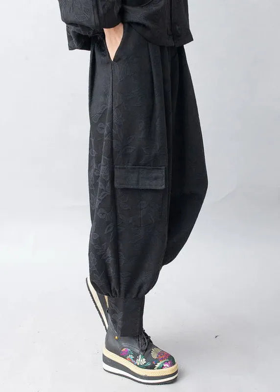 Jacquard Black Hooded Coats and Pants Two Pieces Set Fall