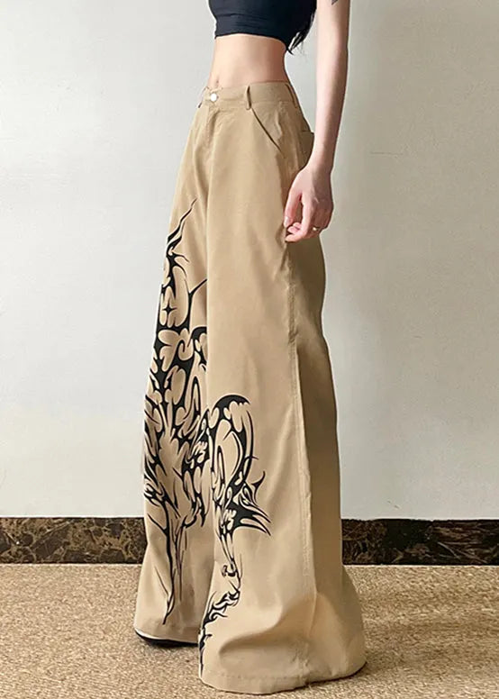 Khaki Print High Waist Cotton Wide Leg Pants Summer