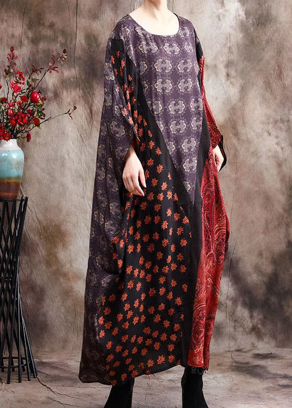 Classy Blue Patchwork Bat Wing Sleeve Silk Dress Spring