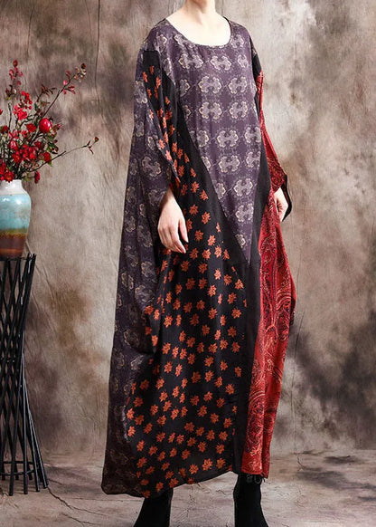 Classy Blue Patchwork Bat Wing Sleeve Silk Dress Spring