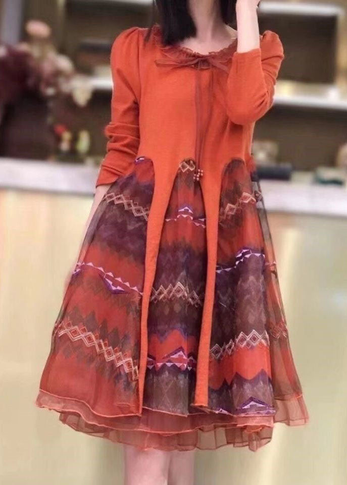 Classy Orange Knit Patchwork Tulle Embroideried Fall Long Sleeve Dress