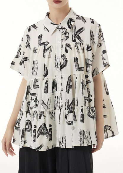 Beige Peter Pan Collar Print Wrinkled Patchwork Silk Shirts Summer