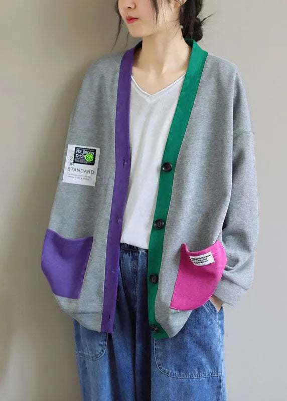 Grey V Neck Patchwork Cotton Cardigans Coats Spring