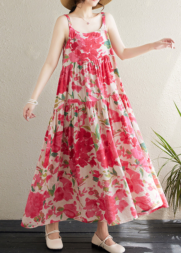 Red Print Patchwork Cotton Spaghetti Strap Dress Sleeveless