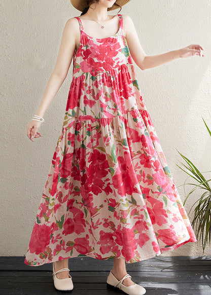 Red Print Patchwork Cotton Spaghetti Strap Dress Sleeveless