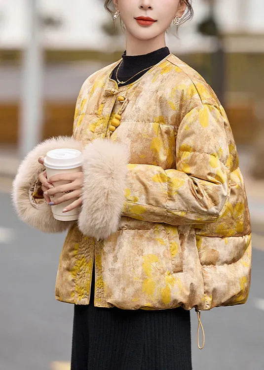 Yellow Oriental Button Fur Patchwork Duck Down Jacket Winter