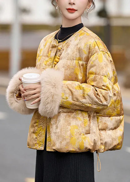 Yellow Oriental Button Fur Patchwork Duck Down Jacket Winter