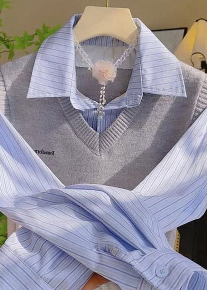Grey Peter Pan Collar False Two Pieces Patchwork Knit Tops Spring