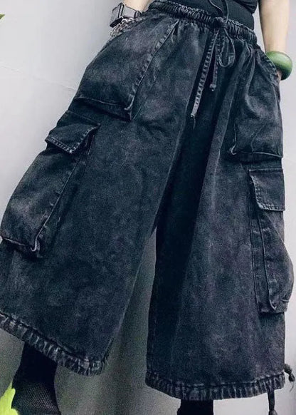 Black Cinched Pockets Denim Pants Spring