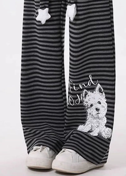 Grey Striped Animal Print Cotton Pants Spring