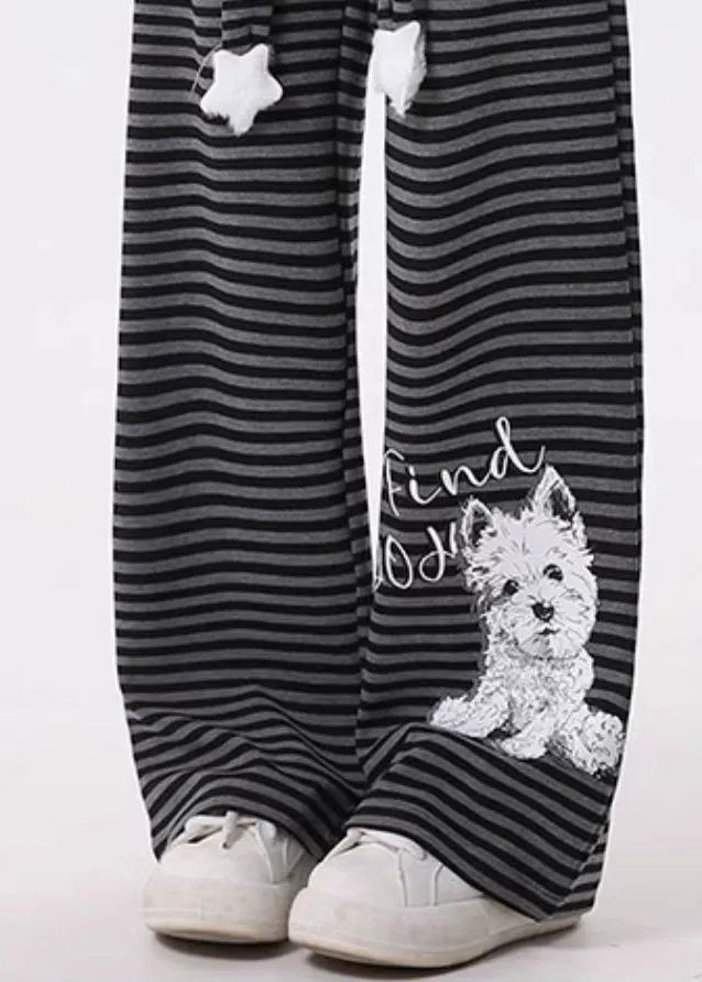 Grey Striped Animal Print Cotton Pants Spring