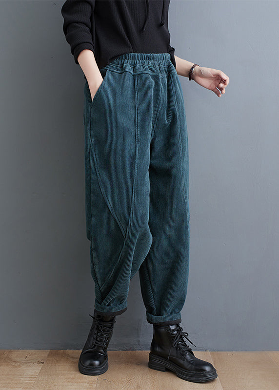 Red Pockets Elastic Waist Corduroy Warm Fleece Pants Winter