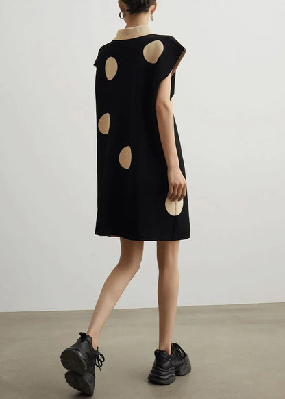 French Black Peter Pan Collar Button Dot Knit Mid Dress Summer