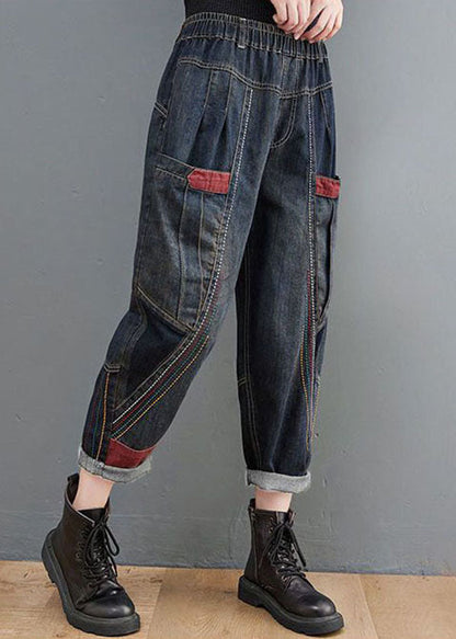 Navy Elastic Waist Pockets Patchwork Cotton Denim Pants Fall