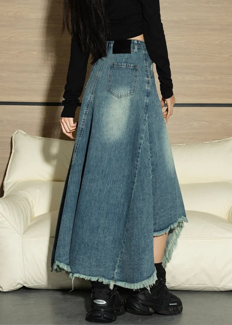 Blue Asymmetrical Design Tasseled Denim Skirts Spring