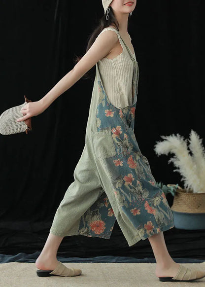 Blue Pockets Patchwork Print Cotton Denim Wide Leg Pants Jumpsuit Summer