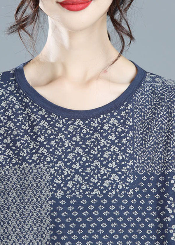 Navy O-neck Patchwork Print Cotton Tanks Half Sleeve
