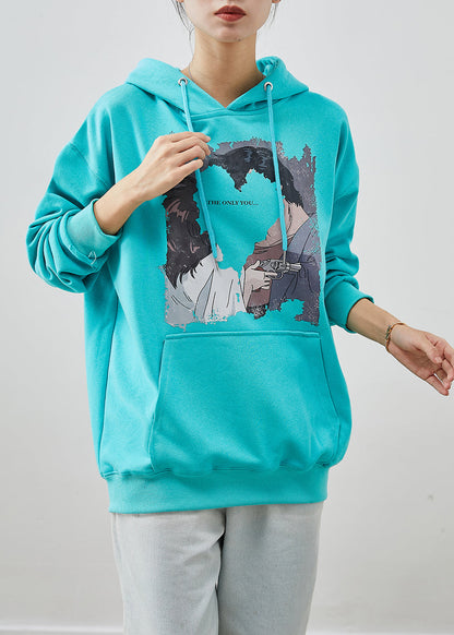 Blue Hooded Pocketsprint Cotton Sweatshirt Fall