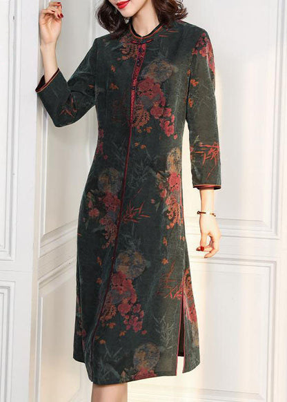 Green O Neck Side Open Print Silk Dress Bracelet Sleeve