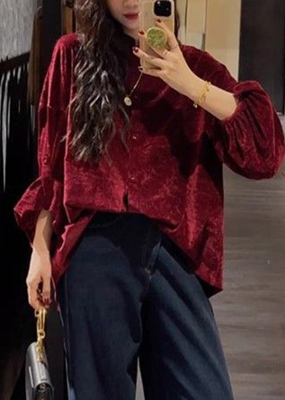 Red Stand Collar Shirt Long Sleeve