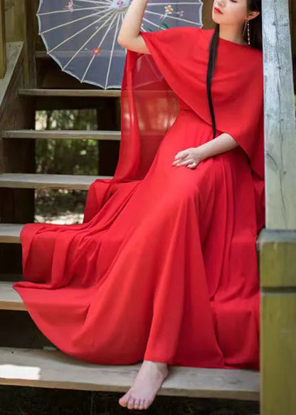 Simple Red O-neck Wraps and Slip Dress Two Pieces Set Spring