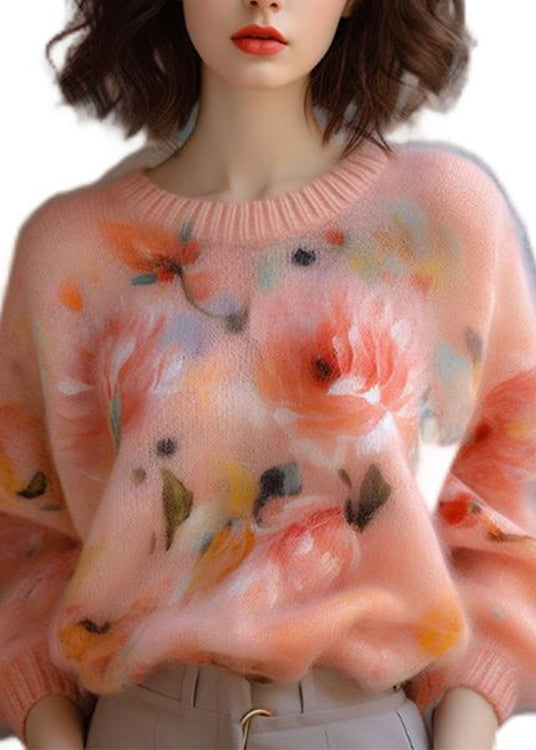 New Pink O Neck Thick Print Cotton Blend Sweater Fall