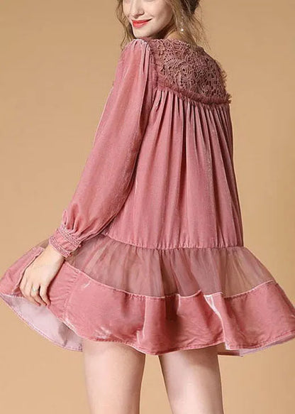 Handmade Pink Embroideried Patchwork Wrinkled Fall Long Sleeve Dress
