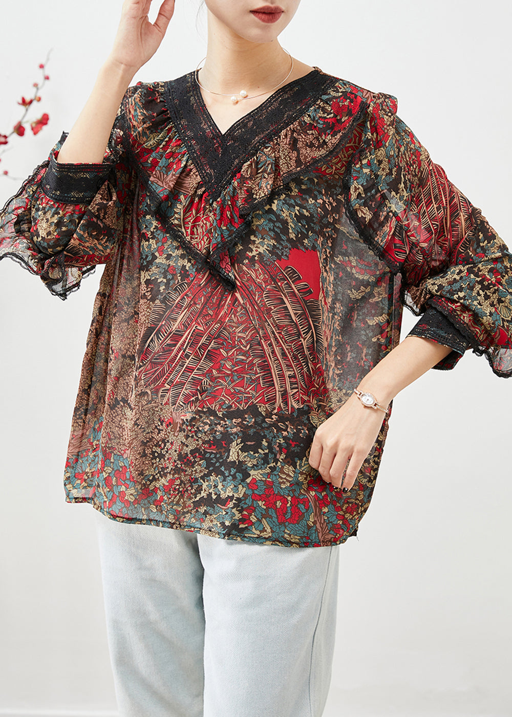 Red Ruffles Patchwork Print Chiffon Shirt Top Fall