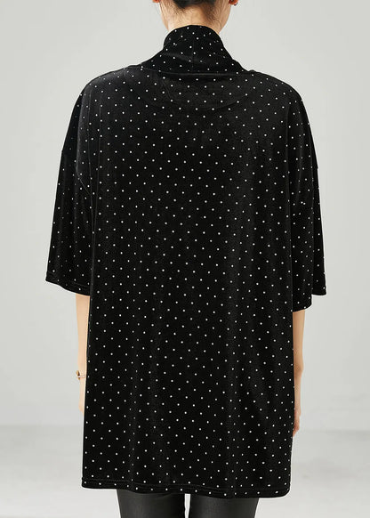 Modern Black Turtle Neck Dot Silk Velour Mid Dress Half Sleeve