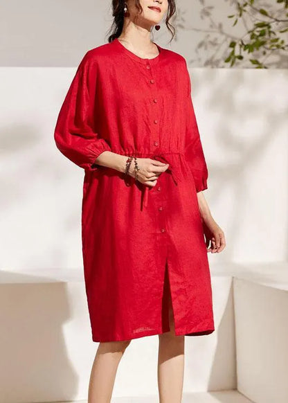 Unique Red Lantern Sleeve Tie Waist Button Summer Ramie Vacation Dresses Half Sleeve