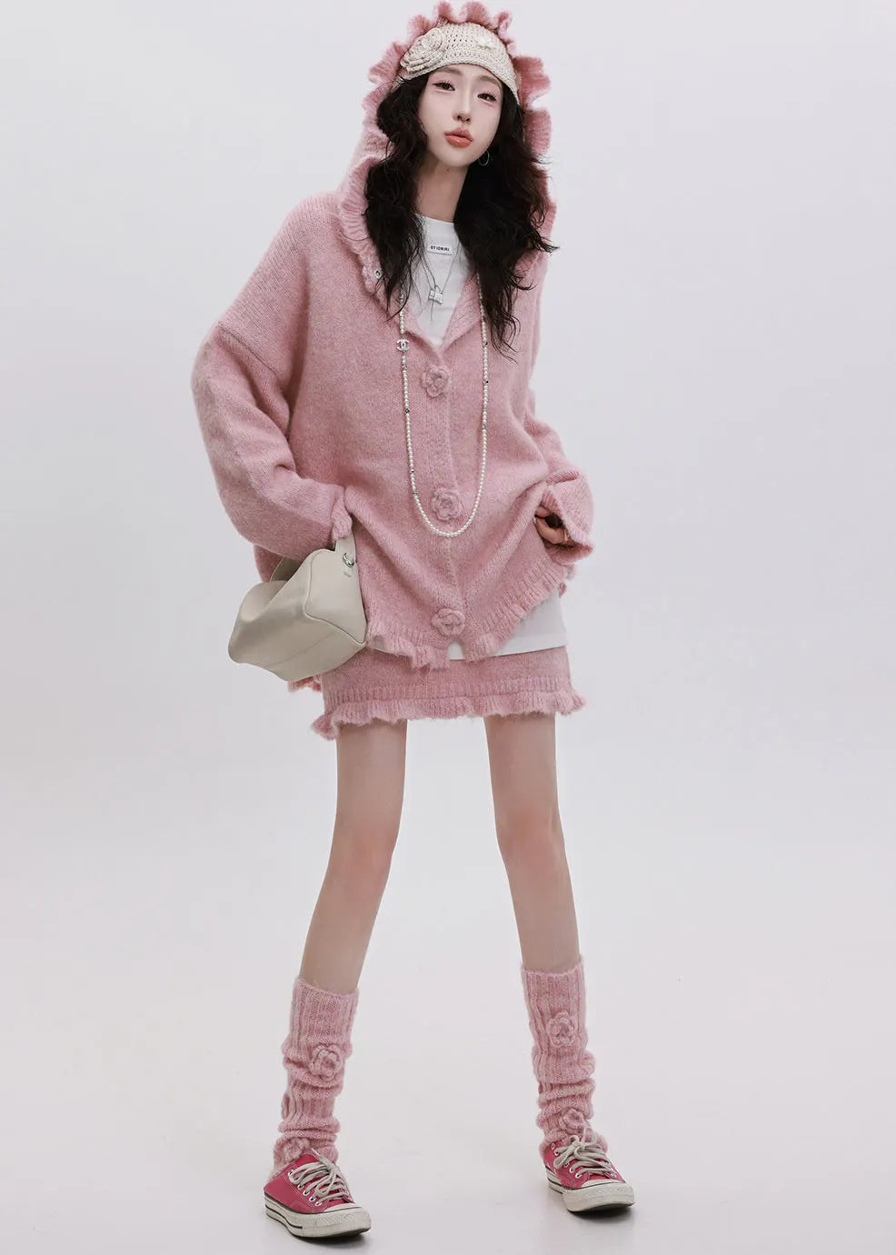 Handmade Pink Ruffled Hooded Knit Loose Two Pieces Set Winter