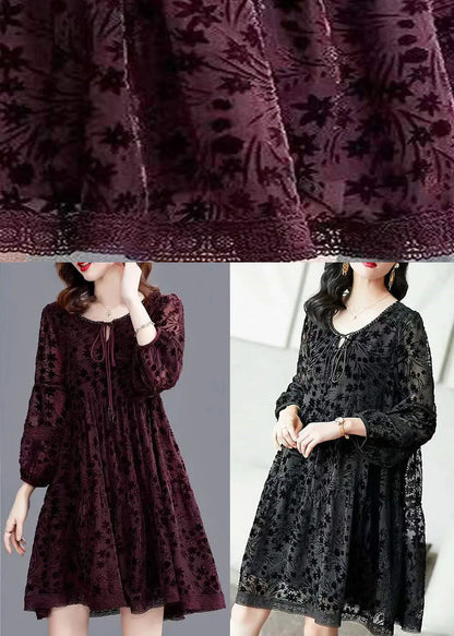 Black O-neck Velour Dresses Spring