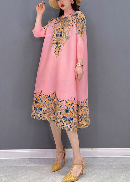 Boutique Pink Stand Collar Embroideried Print Satin Dresses Long Sleeve