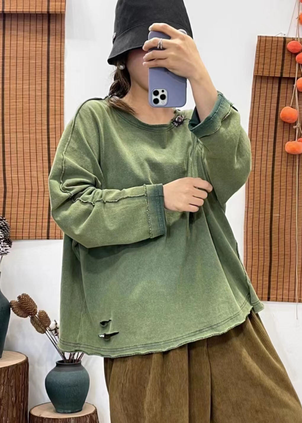 Green V Neck Side Open Pocket Patchwork Tops Spring