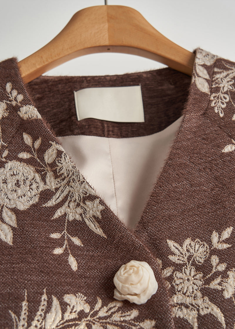 Brown Embroidered Decorated Cotton Jackets Fall