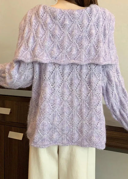 Loose Purple Sailor Collar Hollow Out Knit Cardigans Fall